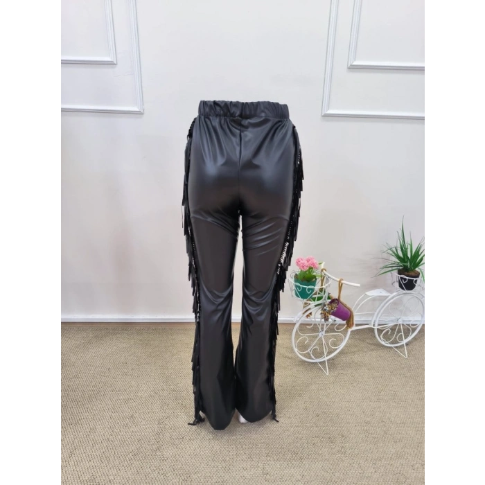Kadın Yüksek Bel Yanlardan Püsküllü Deri Pantolon
