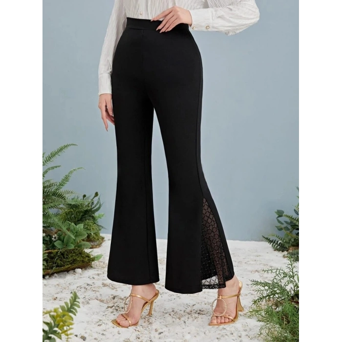 Kadın Yüksek Bel Yanları Tül Detaylı Dalgıç Tayt Pantolon