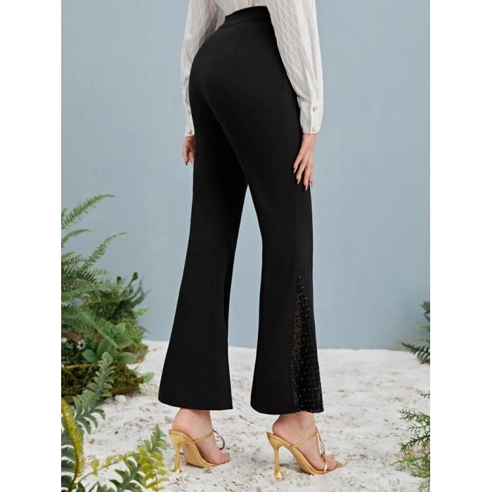 Kadın Yüksek Bel Yanları Tül Detaylı Dalgıç Tayt Pantolon