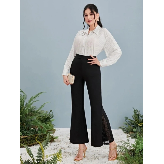 Kadın Yüksek Bel Yanları Tül Detaylı Dalgıç Tayt Pantolon