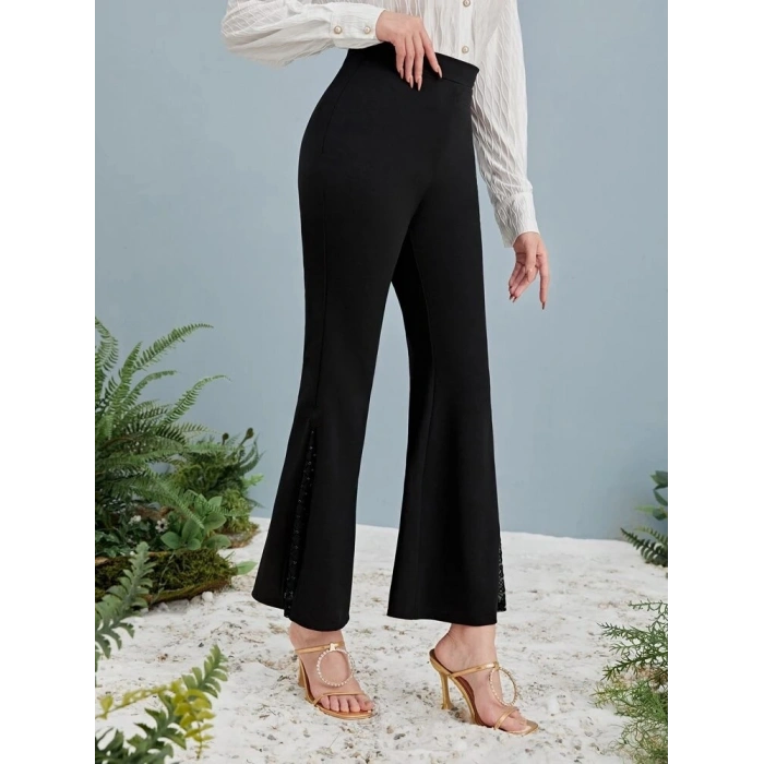 Kadın Yüksek Bel Yanları Tül Detaylı Dalgıç Tayt Pantolon