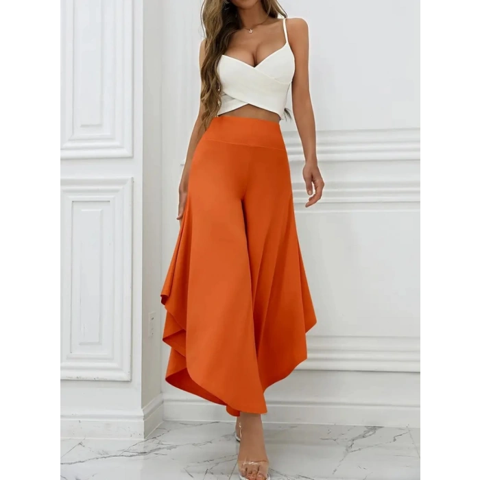 Kadın Yüksek Belli Geniş Paçalı Yanlardan Açık Sandy Pantolon