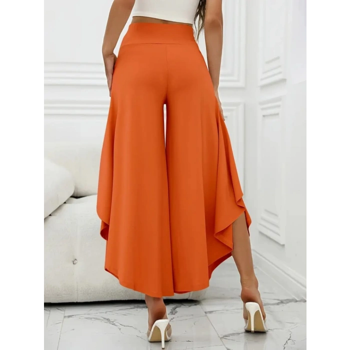 Kadın Yüksek Belli Geniş Paçalı Yanlardan Açık Sandy Pantolon