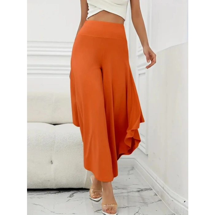 Kadın Yüksek Belli Geniş Paçalı Yanlardan Açık Sandy Pantolon