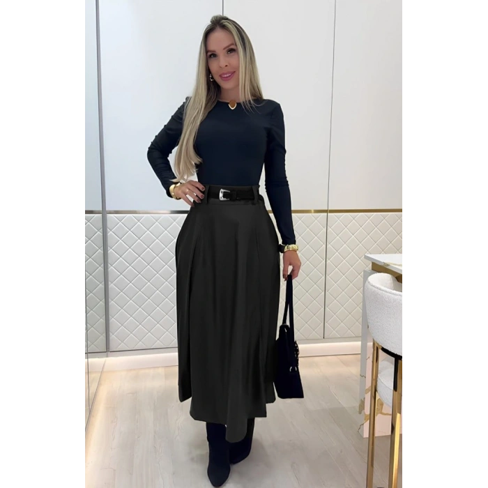 Kadın Yüksek Belli Maxi Deri Kemersiz Etek