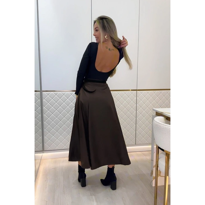 Kadın Yüksek Belli Maxi Deri Kemersiz Etek