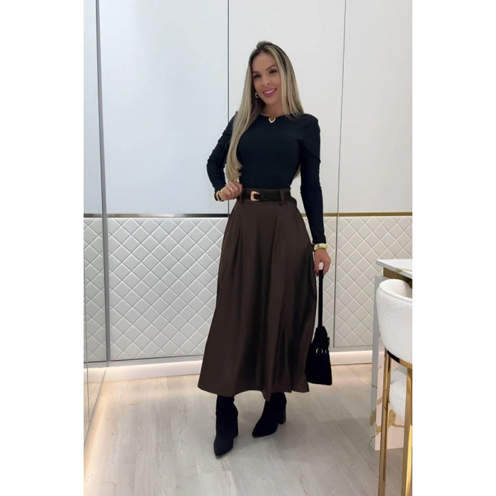 Kadın Yüksek Belli Maxi Deri Kemersiz Etek