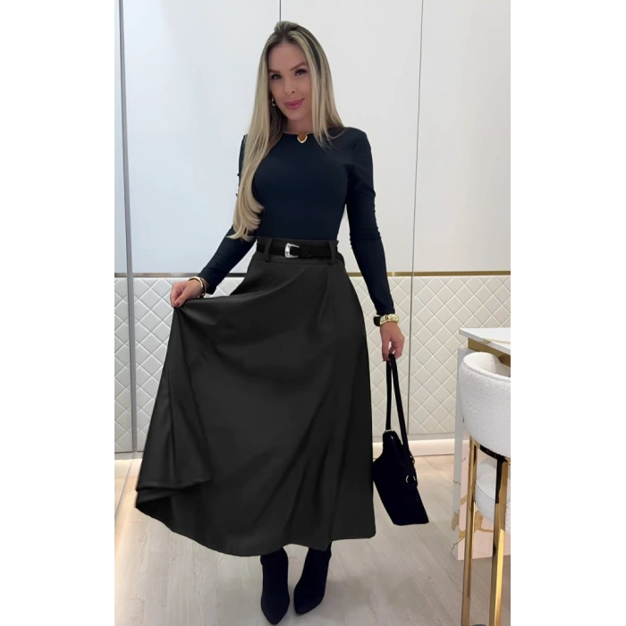 Kadın Yüksek Belli Maxi Deri Kemersiz Etek