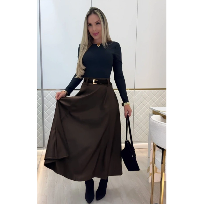 Kadın Yüksek Belli Maxi Deri Kemersiz Etek