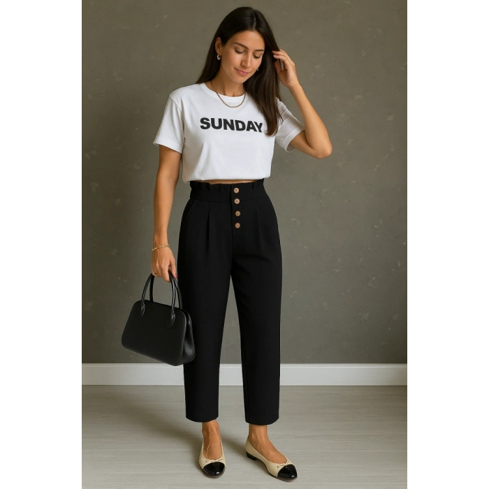 Kadın Yüksek Belli önden Düğmeli Ithal Keten Pantolon