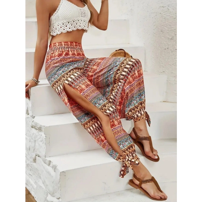 Kadın Yüksek Belli Yanlardan Yırtmaç Detaylı Desenli Bürümcük Pantolon