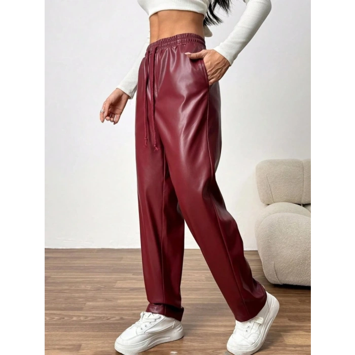 Kadın Yüksel Bel Bağcıklı Deri Pantolon