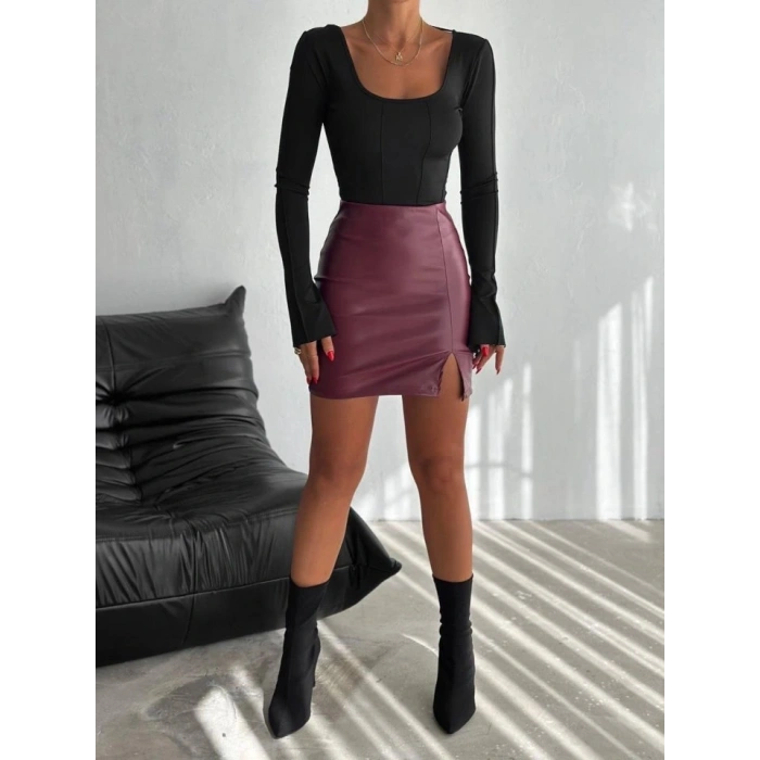 Kadın Yüksel Bel Yırtmaç Detay ini Deri Etek