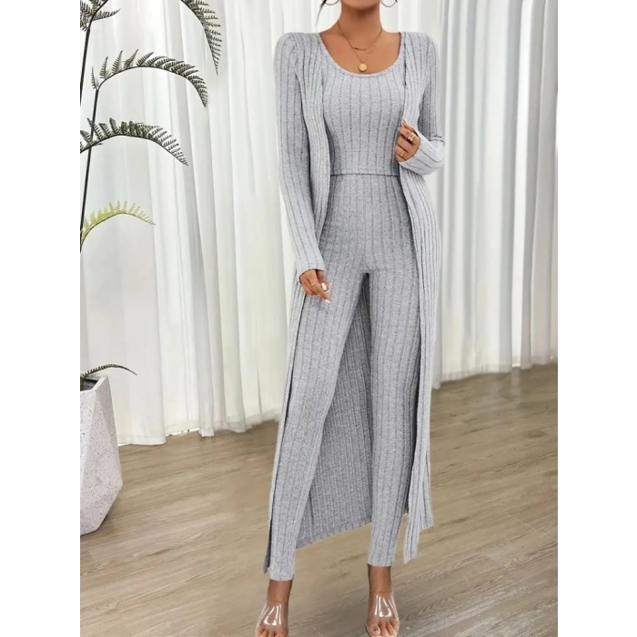 Kadın Yuvarlak Yaka Askılı Krop Bluz Yüksek Bel Tayt Ve Uzun Hırka şardonlu Kaşkorse üçlü Takım