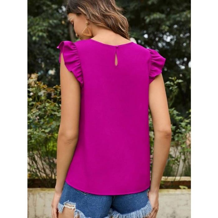Kadın Yuvarlak Yaka Kolları Fırfırlı Krep Bluz