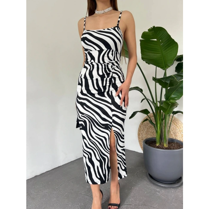 Kadın Zebra Baskılı Omuz Askılı ırt Dekolteli Yırtmaç Detay Elbise