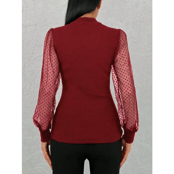 Kadınkolu Tül Detaylı Yarım Balıkçı Kaşkorse Bluz