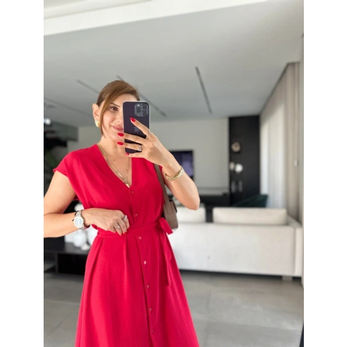Kadınn V Yaka Düğme Detay Kuşak Dahil Elbise