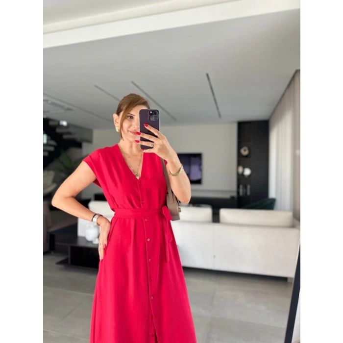 Kadınn V Yaka Düğme Detay Kuşak Dahil Elbise