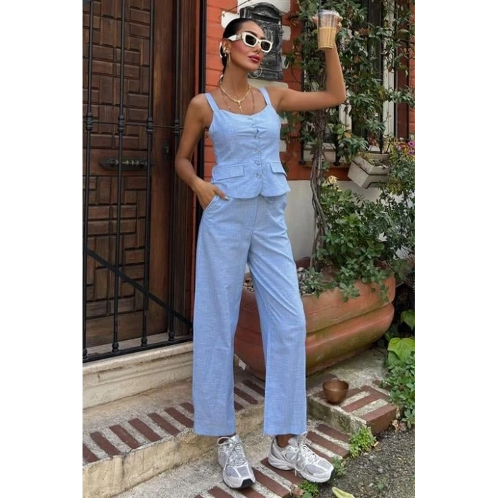 Kalın Askılı Bluz Pantolon Keten Takım 10187