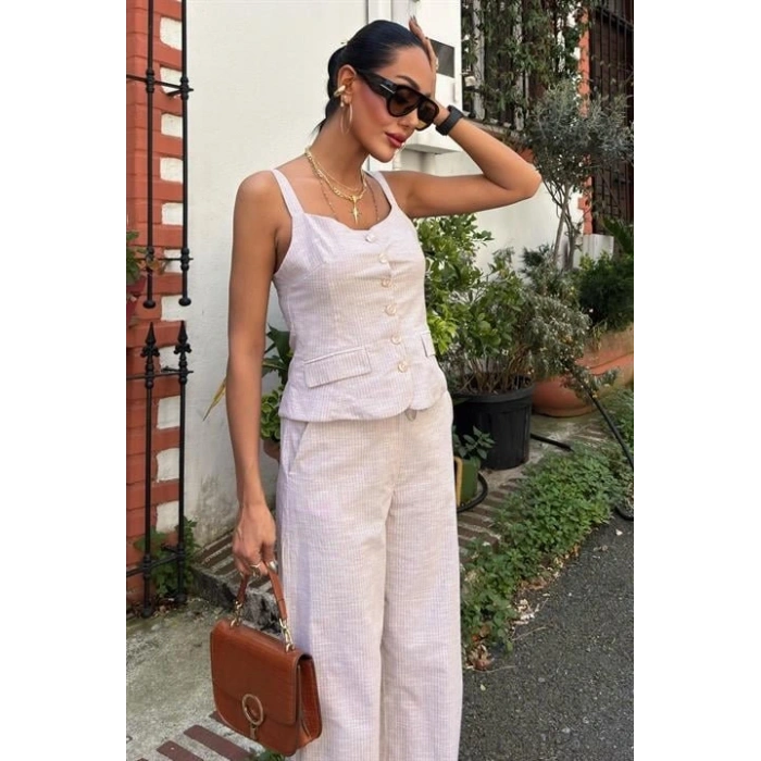 Kalın Askılı Bluz Pantolon Keten Takım 10187