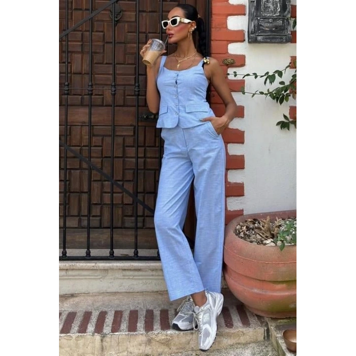 Kalın Askılı Bluz Pantolon Keten Takım 10187