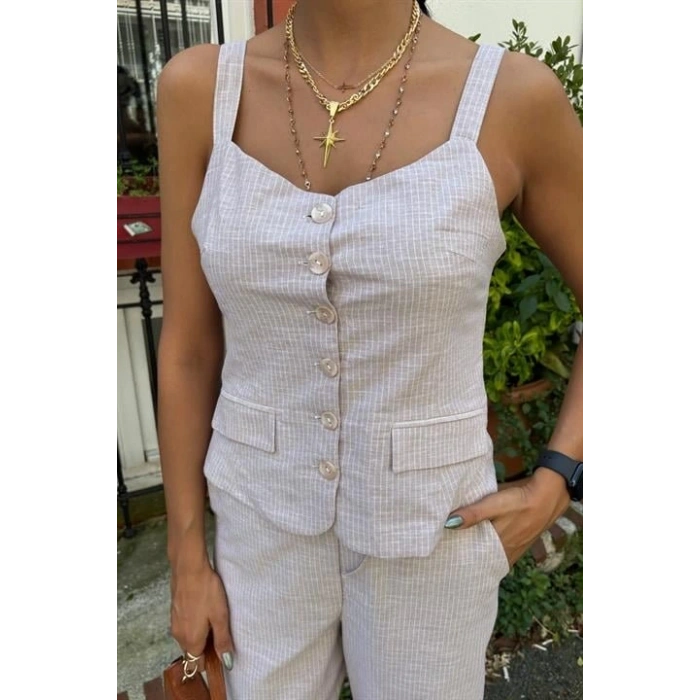 Kalın Askılı Bluz Pantolon Keten Takım 10187