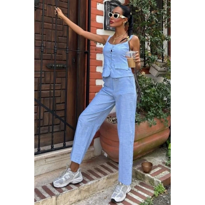 Kalın Askılı Bluz Pantolon Keten Takım 10187