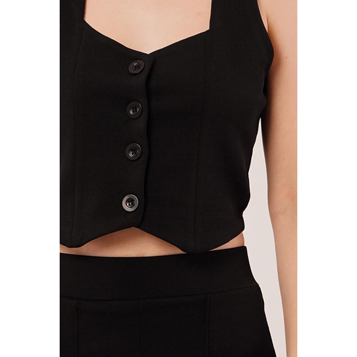 Kalın Askılı Düğmeli Yelek Ve Pantolon Siyah Takım