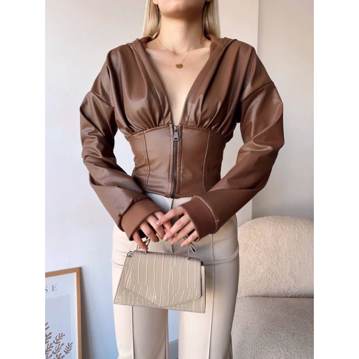 Kapşonlu yarım fermuarlı ceket kahve h24116