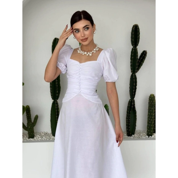 Kare Yaka Düğmeli Elbise