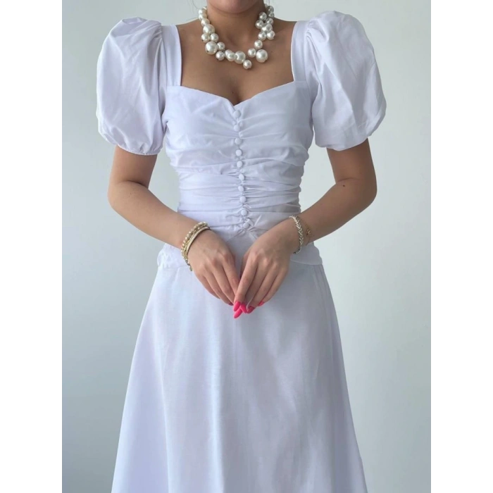 Kare Yaka Düğmeli Elbise
