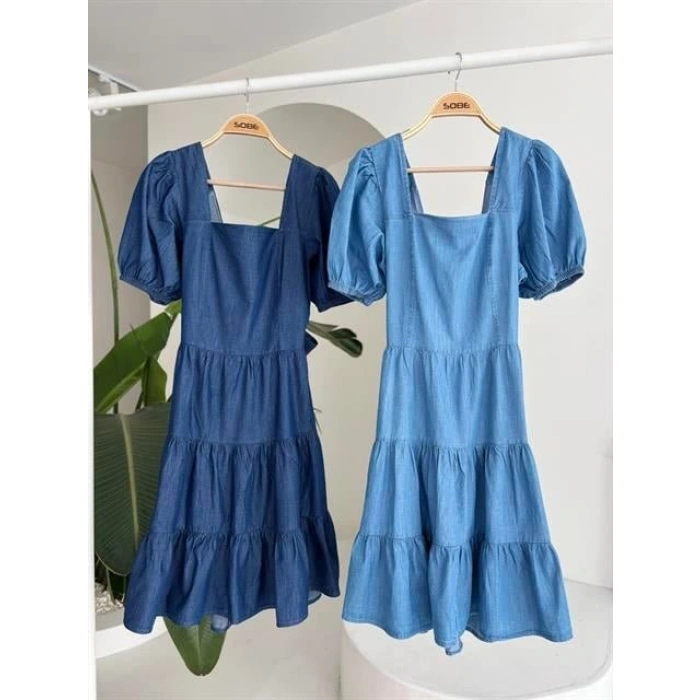 Kare Yakalı Ve Gipe Detaylı Tensel Elbise 2883