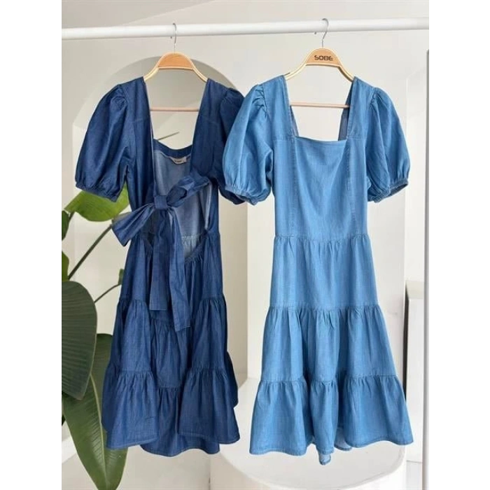 Kare Yakalı Ve Gipe Detaylı Tensel Elbise 2883