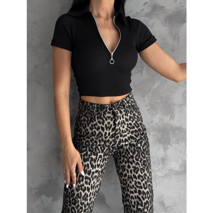 kaşkorse yaka fermuarlı bluz siyah