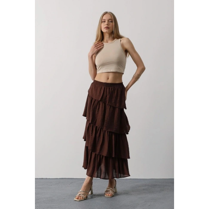 Katlı Kesim Uzun Etek  Kahve