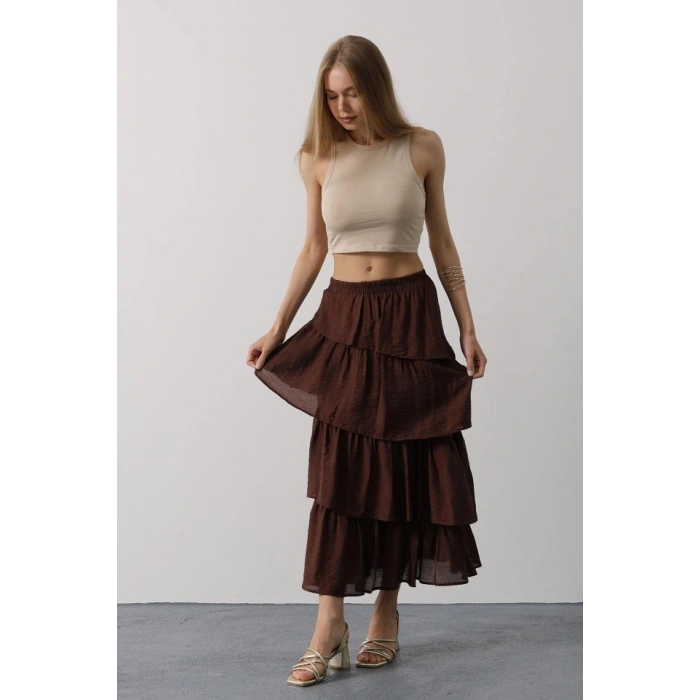 Katlı Kesim Uzun Etek  Kahve