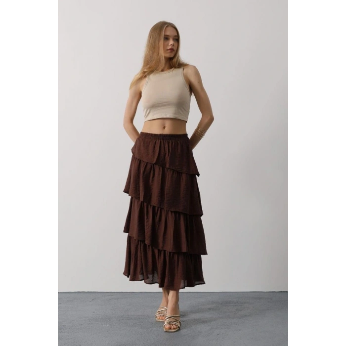 Katlı Kesim Uzun Etek  Kahve