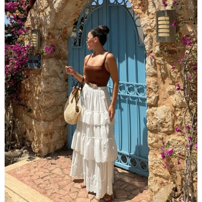 Katlı Pileli Etek  Ekru