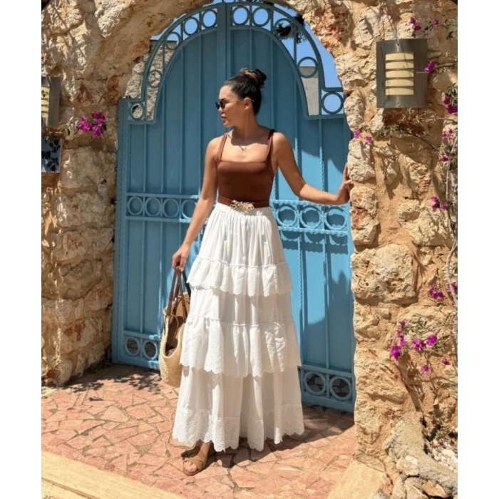 Katlı Pileli Etek  Ekru