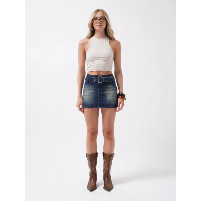 Kemer Detay Denim Mini Etek