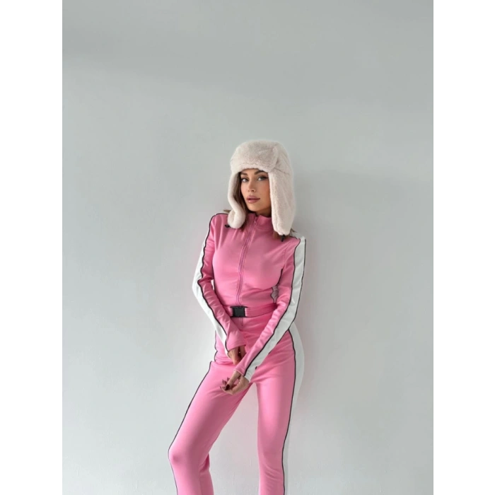 Kemer Detaylı Fermuarlı Tulum  Pembe