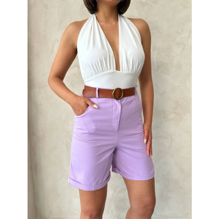 Kemerli gabardin şort lila s25735