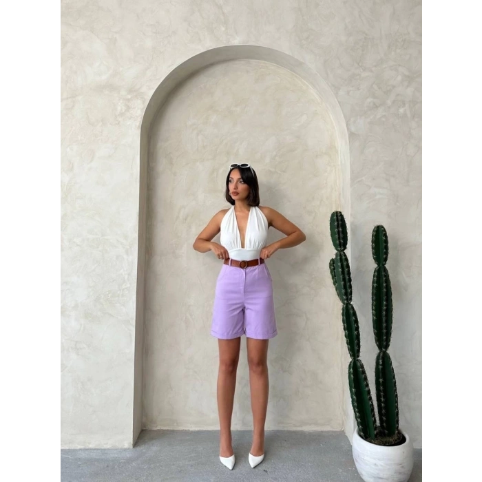Kemerli gabardin şort lila s25735