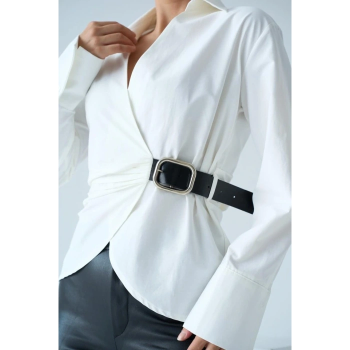 Kemerli Gömlek  Ekru