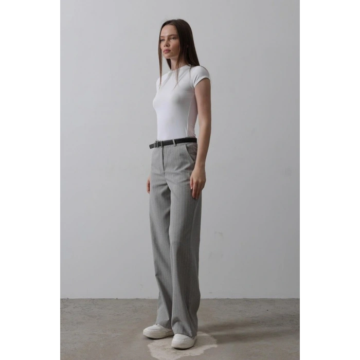 Kemerli Palazzo Pantolon  GriBeyaz