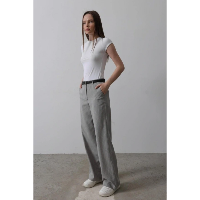 Kemerli Palazzo Pantolon  GriBeyaz