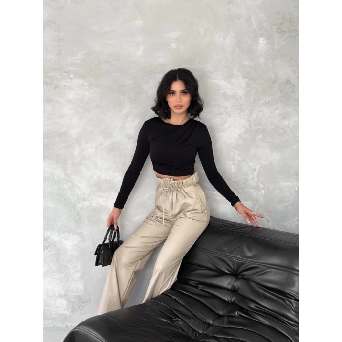 Kendinden ince kemerli deri pantolon bej t1178
