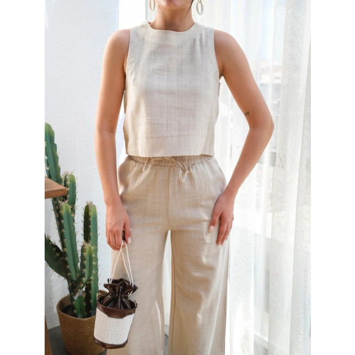 Keten Bluz Ve Pantolon İki̇li̇ Takim