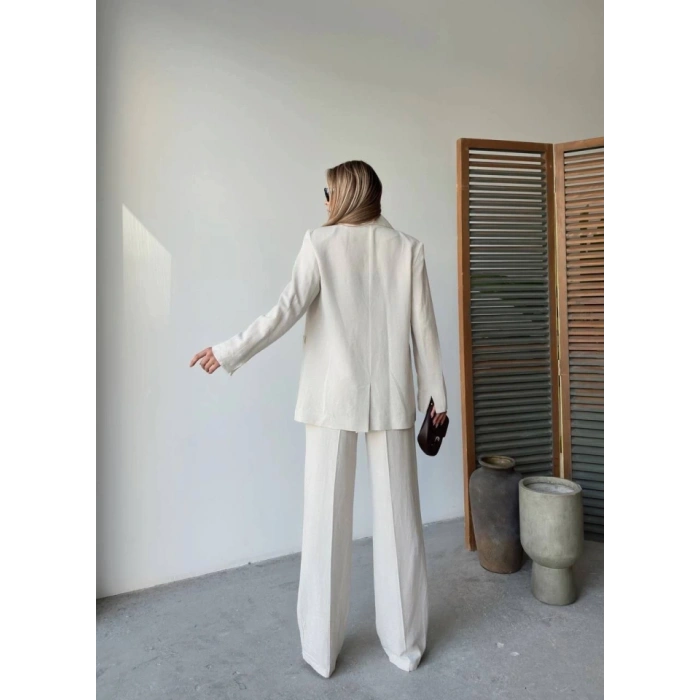 Keten Ceket Pantolon Ikili Takım  Beyaz